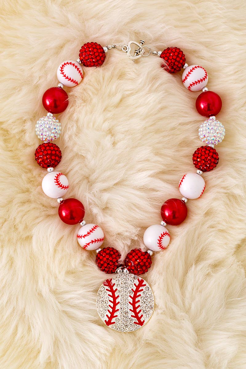 KIDS RED & WHITE BASEBALL NECKLACE & BRACELET W/ SPARKLY BEADS